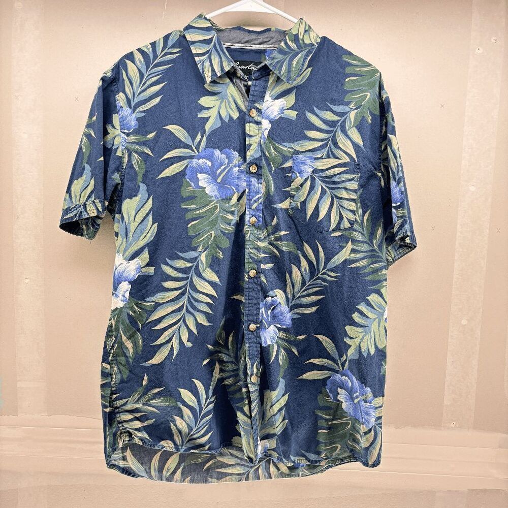 Vintage‎ Coastal Hawaiian Camp Shirt Large Aloha Floral Blue Button Up Loose